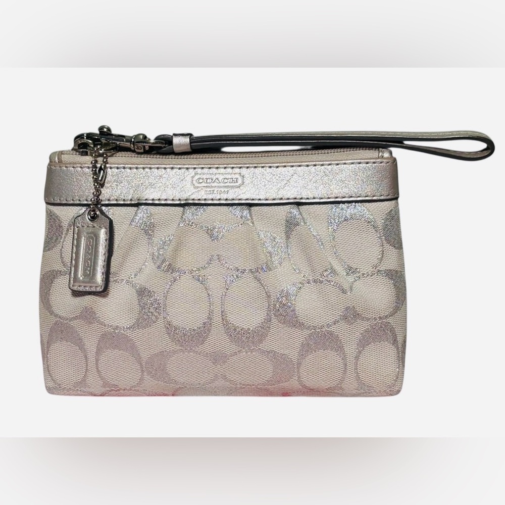 Coach Metallic Silver and Cream Signature Wristlet